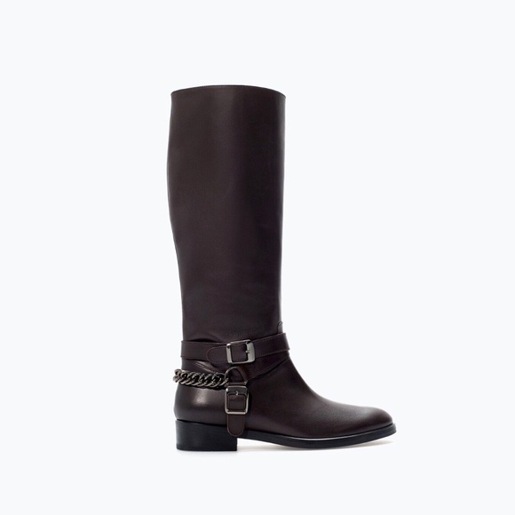 NEW ZARA DARK BROWN LEATHER BOOTS WITH BUCKLES SIZE10M - Picture 1 of 2